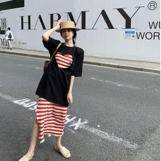 Elbow-sleeve Heart Cutout T-shirt / Striped Midi Tank Dress