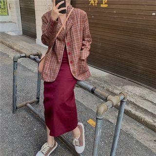 Turtleneck Long-sleeve Top / Plaid Blazer / A-line Midi Skirt