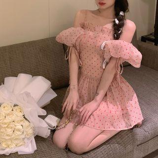 Puff-sleeve Cold-shoulder Dotted Mini A-line Dress