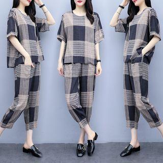 Set: Plaid Elbow-sleeve Blouse + Plaid Cropped Straight-cut Pants