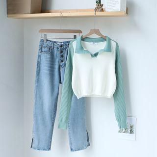 Collared Knit Top / Straight-fit Jeans
