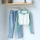 Collared Knit Top / Straight-fit Jeans