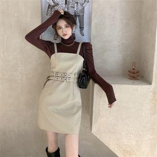 Long-sleeve Turtleneck Top / Spaghetti Strap Double-belted Faux Leather Mini Sheath Dress
