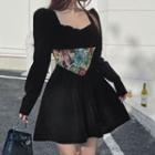 Long-sleeve Print Panel Velvet Mini A-line Dress