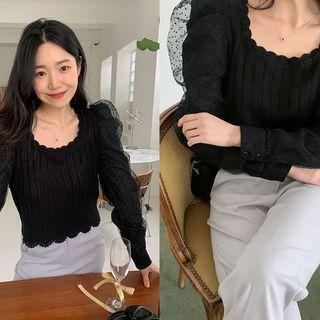 Puff-shoulder Organza Knit Top