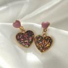 Sequined Heart Dangle Earring 1 Pair - 925 Silver Stud - Pink - One Size
