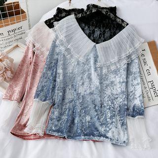 Mesh-panel Mock Two-piece Velvet Top