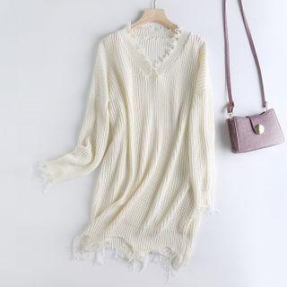 Distressed Sweater Dress White - One Size