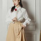 Tie-neck Shirt / Button-up Midi Skirt / Set