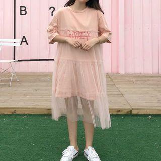 Lettering Short-sleeve Mesh Overlay T-shirt Dress