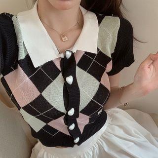 Short-sleeve Argyle Button-up Knit Top Plaid - Black - One Size