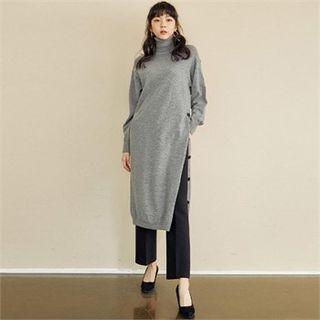 Turtle-neck Button-trim Knit Dress