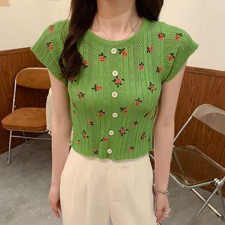 Short-sleeve Floral Pointelle Knit Crop Top