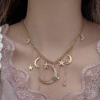 Alloy Moon & Star Pendant Necklace Necklace - One Size
