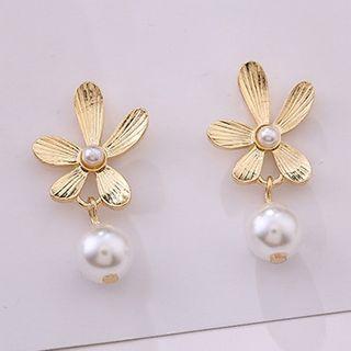 925 Sterling Silver Faux Pearl Flower Drop Earring 1 Pair - Gold - One Size