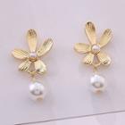 925 Sterling Silver Faux Pearl Flower Drop Earring 1 Pair - Gold - One Size