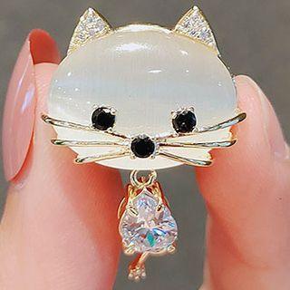 Cat Faux Crystal Magnetic Brooch Ly734 - White - One Size