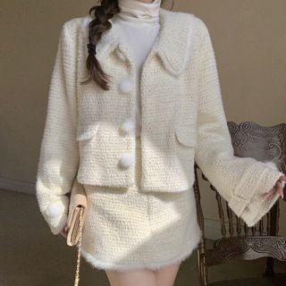 Turtleneck Long-sleeve T-shirt / Single-breasted Coat / Mini A-line Skirt