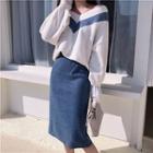 Color-block V-neck Long-sleeve Knit Top / Plain High-waist Skirt
