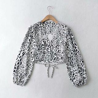 Leopard Print Open-back Tie-strap Cropped Blouse
