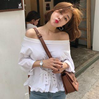 Plain Off Shoulder 3/4 Sleeve Corset Waist T-shirt