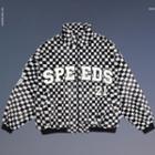 Lettering Checkered Fluffy Zip Jacket