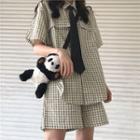 Short-sleeve Plaid Shirt / Tie / Plaid Shorts / Set