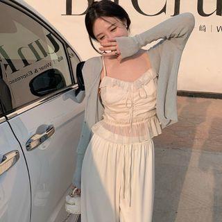 Ruffle Trim Camisole Top / Cardigan / Wide Leg Pants