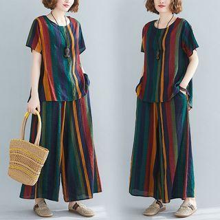 Set: Short-sleeve Striped Top + Loose-fit Pants