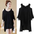 Plain Cut Out Shoulder 3/4 Sleeve Chiffon Dress