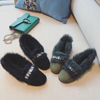 Faux-fur Trim Jeweled Flats