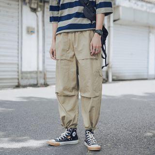 Gather-cuff Elastic-waist Plain Cargo Pants