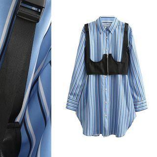 Long Sleeve Pinstripe Shirtdress With Faux Leather Vest