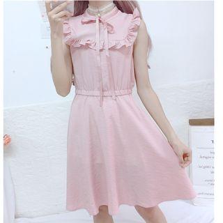 Striped Sleeveless Frill Trim A-line Dress Pink - One Size