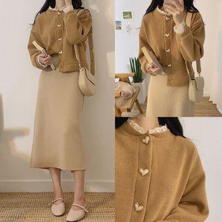 Lace Trim Cardigan / Midi Straight-fit Skirt