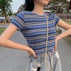 Short-sleeve Striped Crop Top Blue - One Size