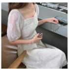 Puff-sleeve Midi A-line Dress / Spaghetti-strap Dress