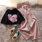 Short-sleeve Heart Print T-shirt / High-waist Frayed Wide-leg Jeans
