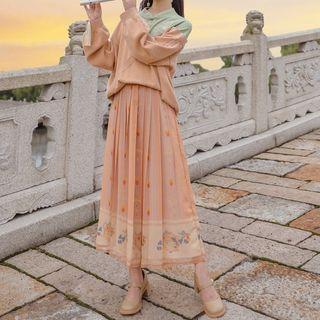 Mock Two-piece Embroidered Sweater / Printed Midi A-line Skirt