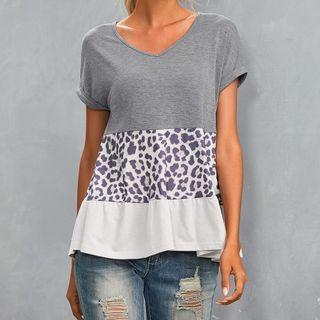 Short-sleeve Color Block Leopard Print T-shirt