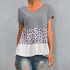 Short-sleeve Color Block Leopard Print T-shirt