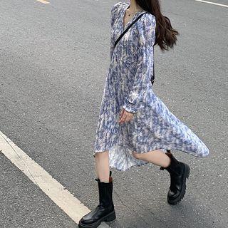 Long-sleeve Floral Print A-line Dress Blue - One Size