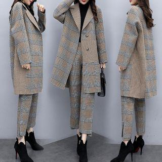 Set: Plaid Midi Button Coat + Cropped Straight-fit Pants