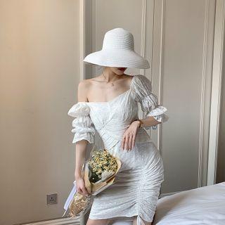 Elbow-sleeve Eyelet Drawstring Midi Sheath Dress