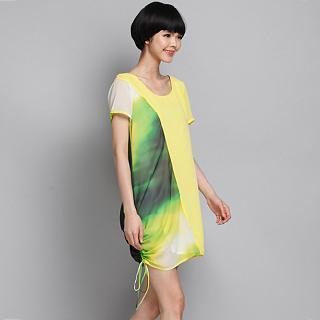 Short-sleeve Dyed Paneled Chiffon Dress