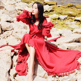 Set: Long-sleeve Ruffle High-low Dress + Hooded Scarf