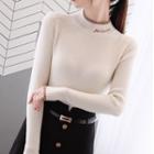 Contrast Trim Letter Embroidered Long-sleeve Knit Top