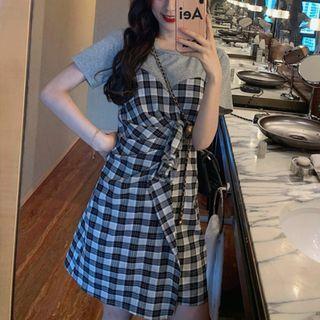 Short-sleeve Mock Two-piece Plaid Mini T-shirt Dress