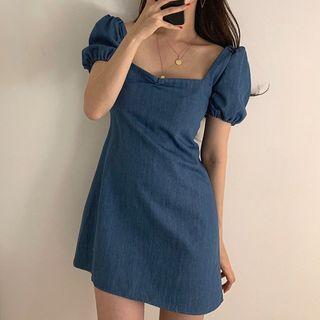 Open-back Puff-sleeve Mini A-line Dress