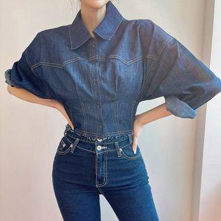 Pleated Stitched Cropped Denim Shirt Dark Blue - One Size
